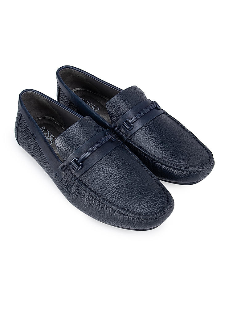 Navy Textured Leather Panel Moccasins